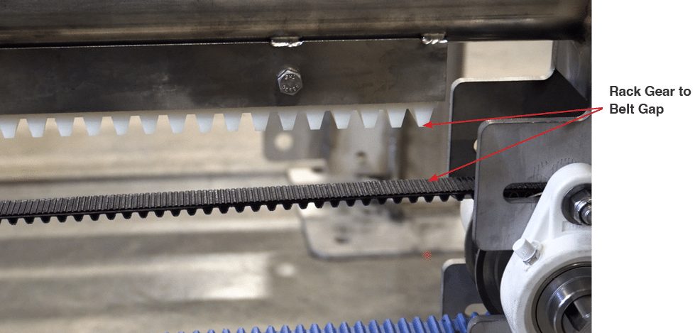 Rack gear to belt gap